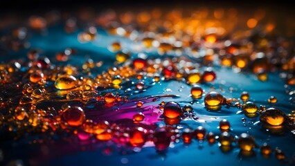 Colorful Droplets of Water on a Vibrant Surface Showcasing a Beautiful Abstract Design at a Close Range