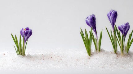 Several small purple spring blossoms emerge through white granular snow