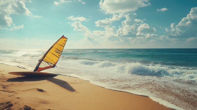 Windsurfer sail on a sandy beach with waves crashing on the shore under a cloudy blue sky