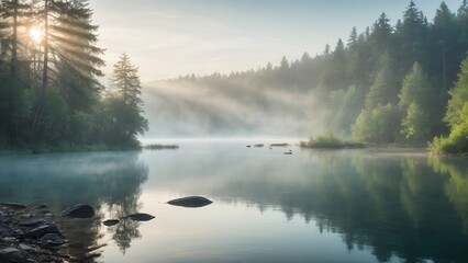Early Morning Mist Rises Over a Tranquil Lake Surrounded by Lush Forests and Soft Sunlight in a Peaceful Natural Setting