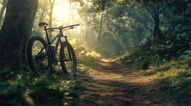 Mountain bike resting against a tree on a sundappled forest trail during a misty morning