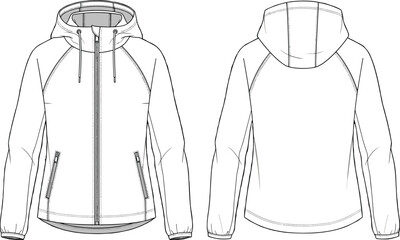 Technical flat sketch drawing of women's hooded active sportswear jacket, anorak style windbreaker, full zip, featuring raglan sleeves, side pockets, adjustable hem, and cuff details,  © Mursalatun