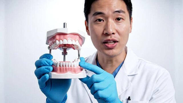 Dentist demonstrates dental model health professional with teeth replica in studio setting