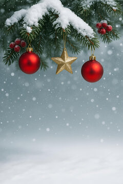 Snowy Christmas tree branches with red ornaments and golden star in winter scene