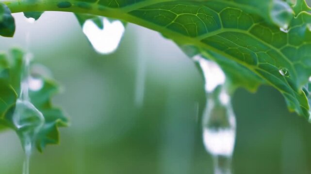 Close up of green leaf with water droplets in soft focus