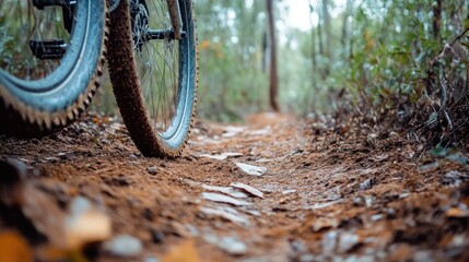 Closeup of a mountain bikes tires on a wet forest trail after rain