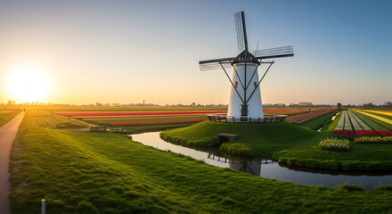 Beautiful Dutch Windmill at Sunset with Tulip Fields.