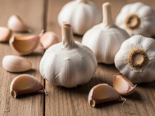 Fresh organic garlic bulbs and individual cloves displayed on a rustic wooden table, essential aromatic ingredient for healthy cooking