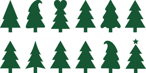 Vector Christmas Tree Silhouette Shapes Collection, Green Festive Pine and Fir Tree Design Elements for Winter Holiday Decoration, Simple Modern Xmas Icon Set, Isolated on White.