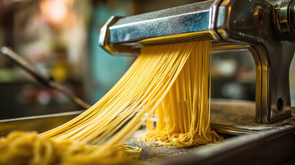 An industrial pasta machine churns out strands of spaghetti, a staple food enjoyed around the world, in a close-up, inviting image showcasing the pasta-making process.