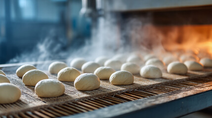 Baking process in a professional oven. Doughy bread rolls on a conveyor belt are entering a commercial oven. Steam rises as they prepare to bake to perfection
