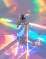 Iridescent Light Play: Perfume Bottle and Crystal Gemstones Still Life