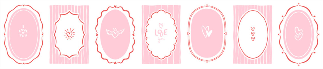 Hand drawn uneven doodle Valentine's Day linear frames text boxes hearts collection. Ellipse oval cute striped templates, wavy lines, brush pen marker drawn heart shapes, I love you handlettering