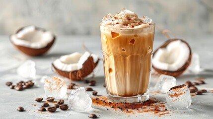 Iced coconut latte with coffee swirls and fresh coconuts on a light table for ad copy space