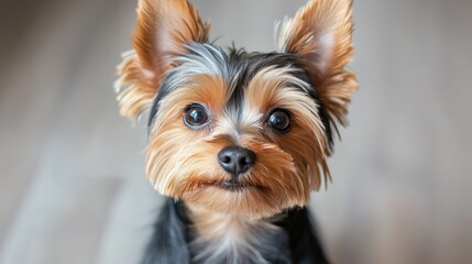 Charming Yorkshire Terrier Dog with Expressive Eyes Posed Against a Soft Gray Background