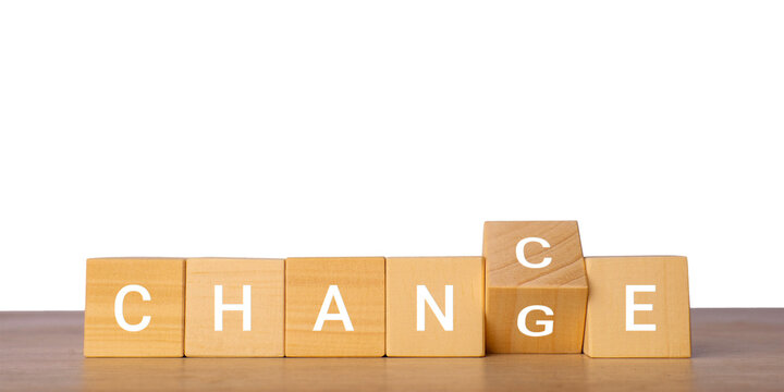 Wooden blocks with change word and shifting letter C, isolated on transparent background