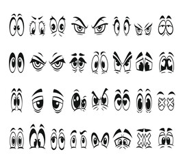 Collection of cartoon eye expressions in black and white line art style, showing various emotions and gazes, isolated on white background