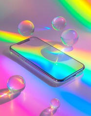 Iridescent Phone and Crystal Balls: Rainbow Light Refraction Still Life