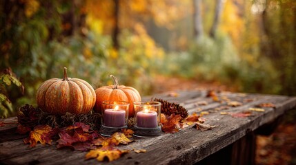 Autumn pumpkins and candles create warm, inviting atmosphere on rustic wooden table, surrounded by colorful leaves and blurred forest background. High quality