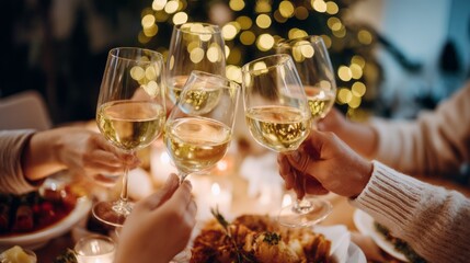 Family and friends gather around a beautifully set table, raising their glasses in a joyful Christmas toast. Laughter and warmth fill the air as they celebrate together with delicious food and wine