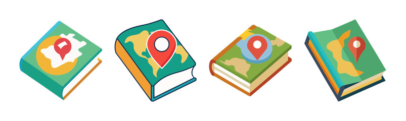 Isometric travel books with map and location pin icons, journey guidance