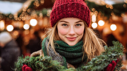 Young woman in red knit beanie, green scarf and mittens holding pine wreath smiling at Christmas market with warm bokeh lights. Joyful holiday crafting moment, cozy festive fair vibe full of cheer.