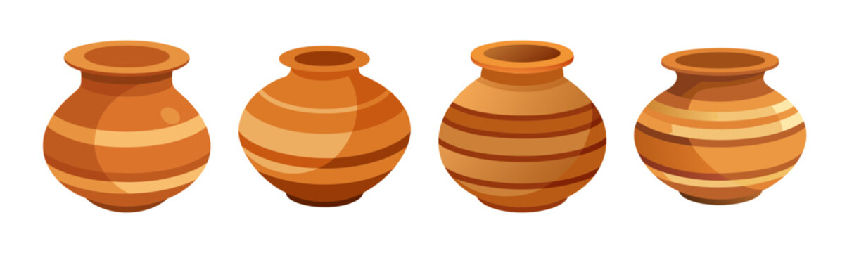 Four traditional indian clay pots with striped patterns, rustic earthenware
