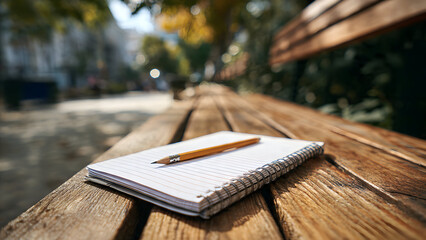 A blank notepad and pencil placed in a clean linear arrangement on a public bench-table surface
