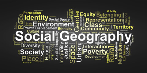 Social Geography Word Cloud. Core Concepts on Space, Society, Identity, and Inequality