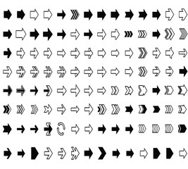 Collection of various black and white arrow icons in different styles, shapes, and sizes, pointing right, isolated on white background for design use