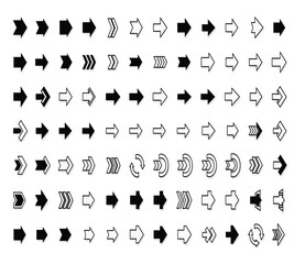 Collection of various black and white arrow icons in different styles, shapes, and sizes, pointing right, isolated on white background for design use