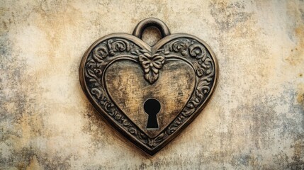 Antique heart-shaped padlock with ornate design on vintage textured background symbolizing love and secrets