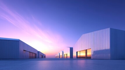 Fototapeta premium Skyline Horizon: An architectural design creates a visually stunning sunset composition of minimalist forms. The composition draws the eye across an expansive outdoor space. 
