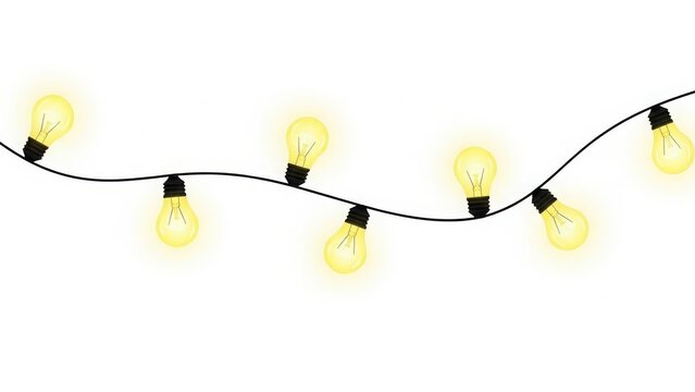 A string of illuminated edison bulb lights with warm yellow glow isolated on white background