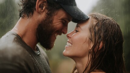 Couple shares a joyful moment in the rain during a warm summer day