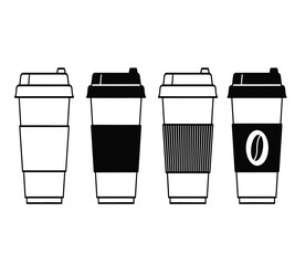 Set of four stylized disposable coffee cups with lids, featuring different sleeve designs including plain white, solid black, striped pattern, and one with a coffee bean icon, isolated on white backgr