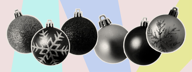 Christmas silver ball. Set of frosted holiday decorations with a snowflake. Christmas glass bauble, hanging round New Year's ornament cut from old paper, collage, scrapbook. Vintage halftone texture. 