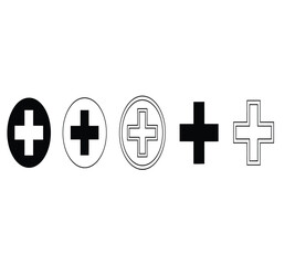 Collection of five different plus sign icons representing medical aid, first aid, health, hospital, and addition concepts, isolated on white background