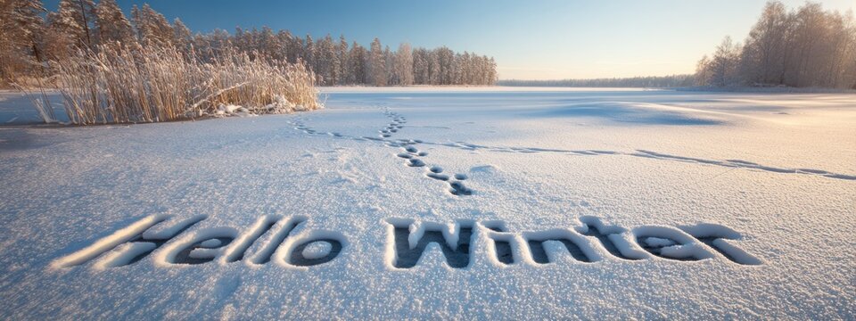 Creative winter banner. The words Hello Winter in fresh snow near footprints on a frozen lake. Snowy forest in the background