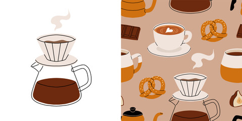 Seamless pattern of coffee accessories and brewing methods. Coffee machine, beans packaging, grinder, cup, cezve, geyser vector illustrations.