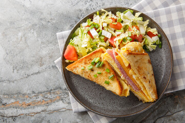 One-Pan Egg Sandwich brings together buttery toast, crisp-edged eggs,  ham and gooey melted cheese closeup on the plate on the table. Horizontal top view from above