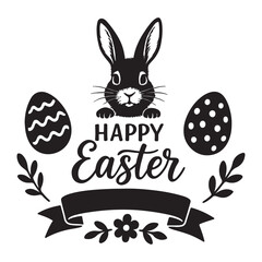 Obraz premium Silhouette black of Easter bunny with decorated eggs and festive foliage for spring celebrations vector illustration