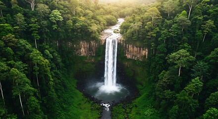 Aerial View of a Majestic Waterfall in a Lush Green Jungle.