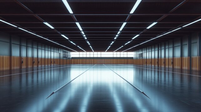 Empty indoor sports hall with polished floor and bright overhead lighting, creating a sense of spaciousness and order - Powered by Adobe
