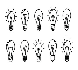 Collection of ten different hand drawn light bulb icons in various states of illumination, isolated on white background for design element use