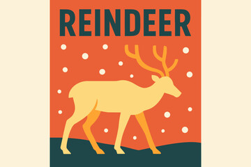 Minimalist Reindeer Poster. Reindeer in the snow. Modern minimalist poster banner, bold sans-serif typography,