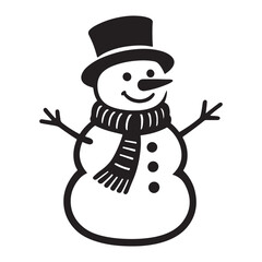 Silhouette black of snowman figure with carrot nose outline button details wool scarf texture lines character vector illustration