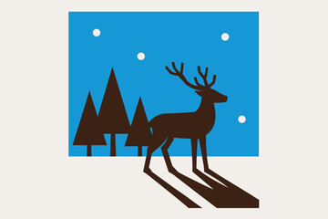 Fototapeta premium Minimalist Winter Reindeer. Reindeer in the snow. geometric sans heavy, flat fills, long angled cold shadows,