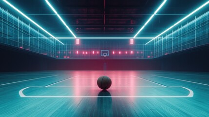 Futuristic basketball court with neon lights and a ball in the center, evoking a sense of modern sport and technology