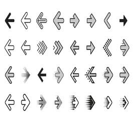 Collection of various black and gray arrow icons in different styles, shapes, and directions, isolated on white background for easy use in design projects